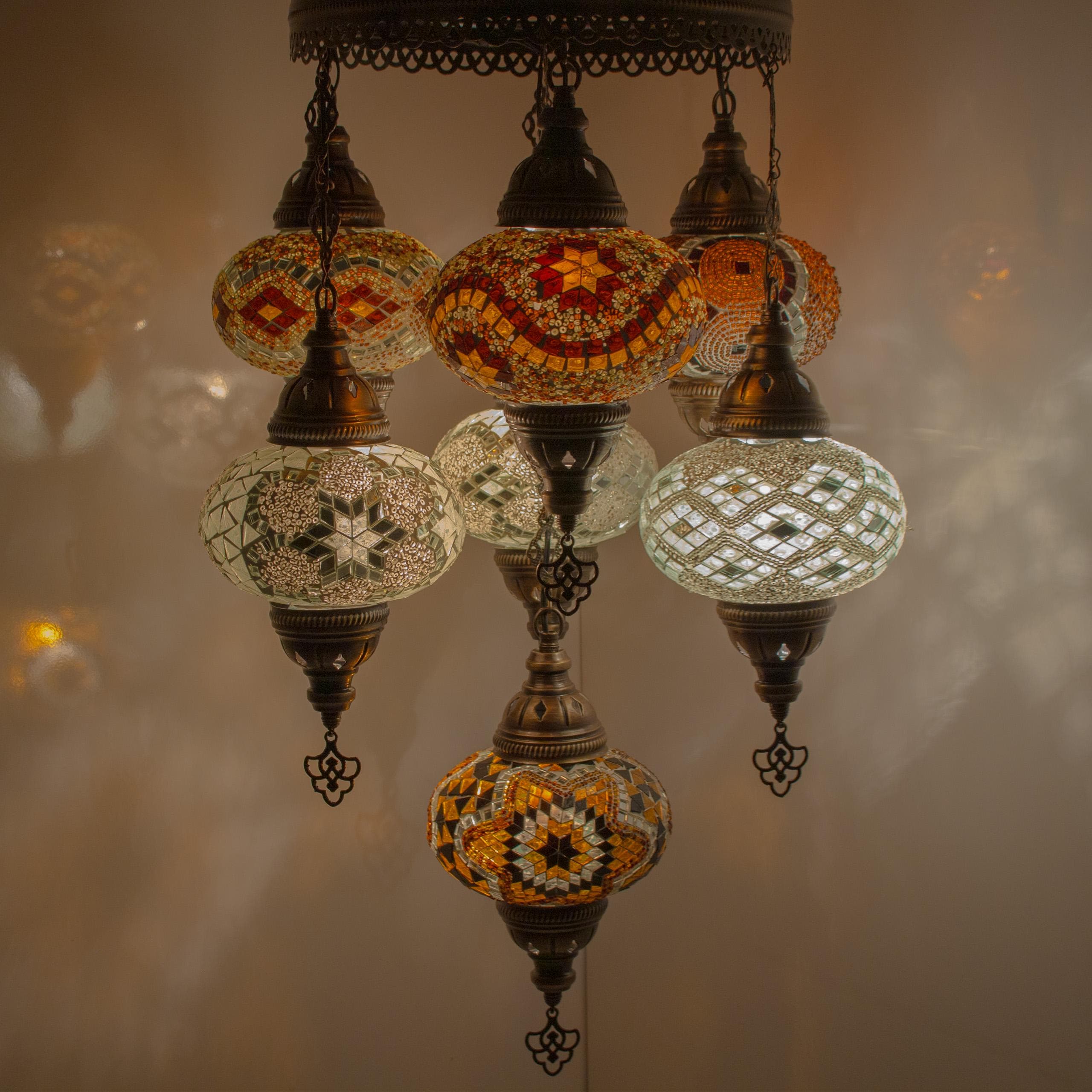MoslandHome Handmade Turkish Mosaic Chandelier 7 Globe Hanging Lamp