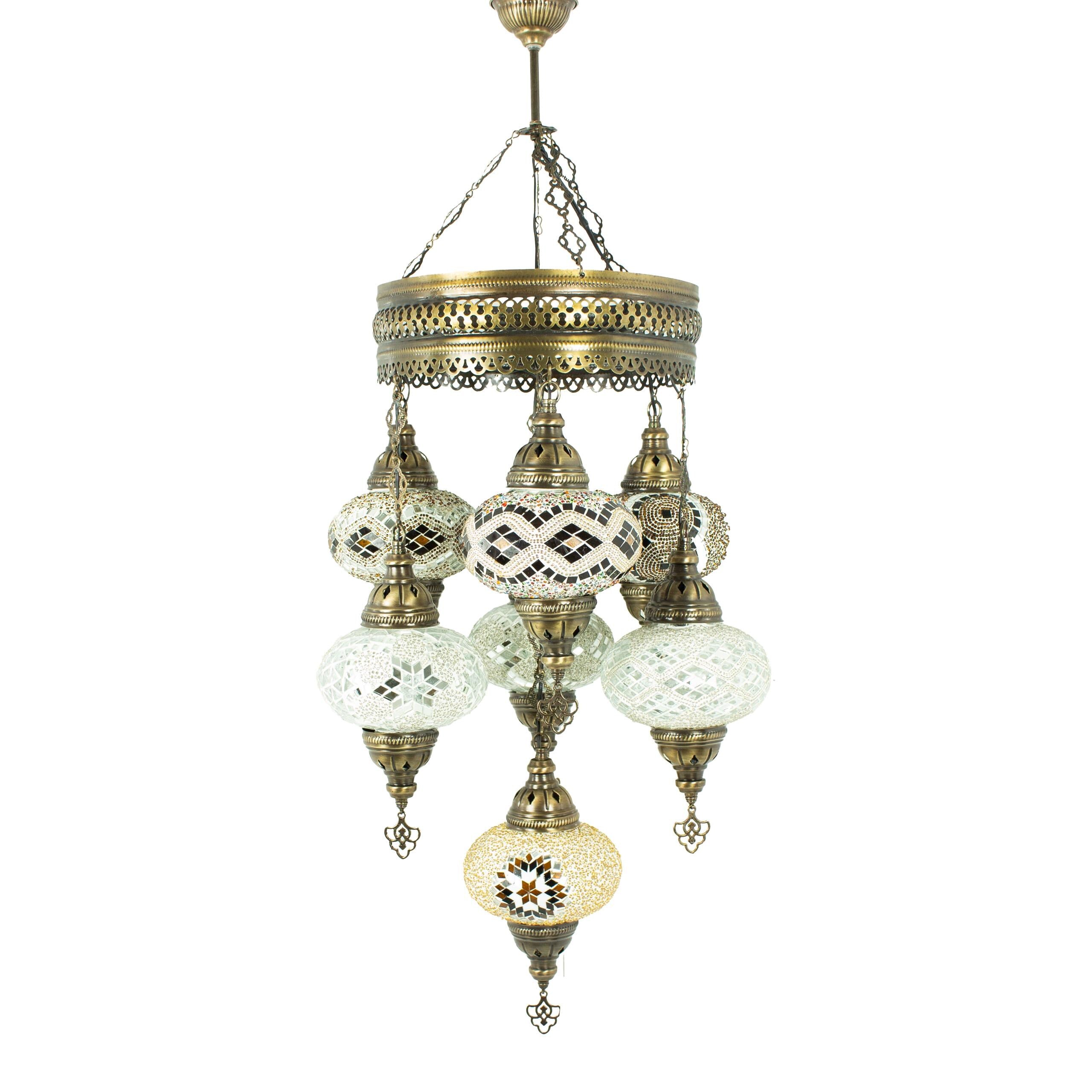 MoslandHome Handmade Turkish Mosaic Chandelier 7 Globe Hanging Lamp