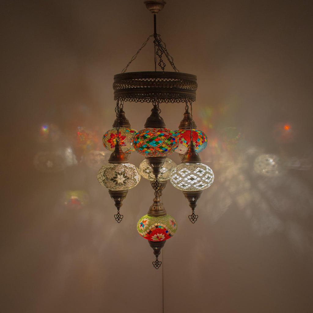 MoslandHome Handmade Turkish Mosaic Chandelier 7 Globe Hanging Lamp
