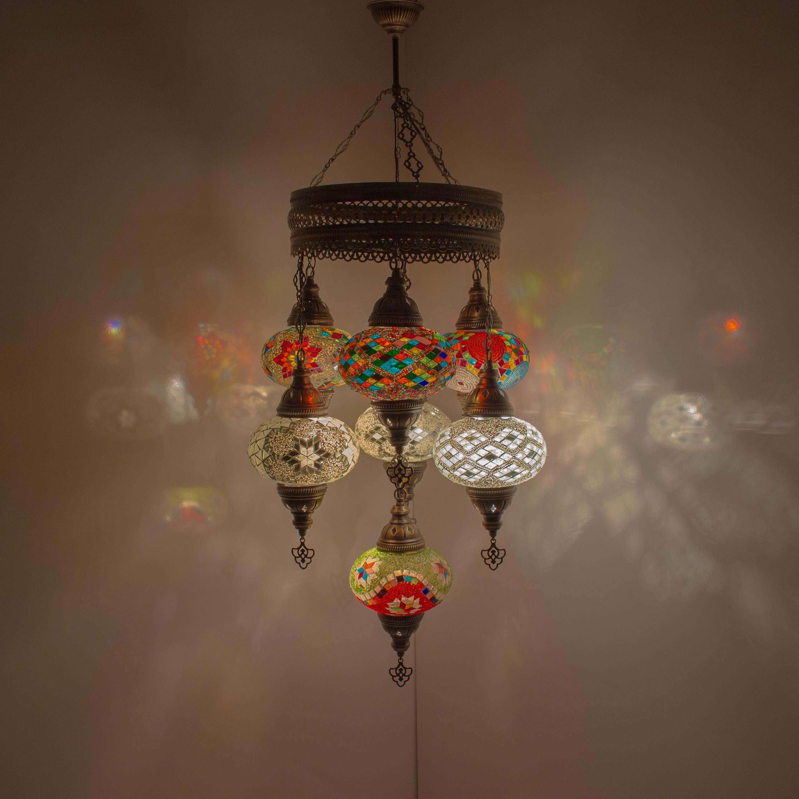 MoslandHome Handmade Turkish Mosaic Chandelier 7 Globe Hanging Lamp