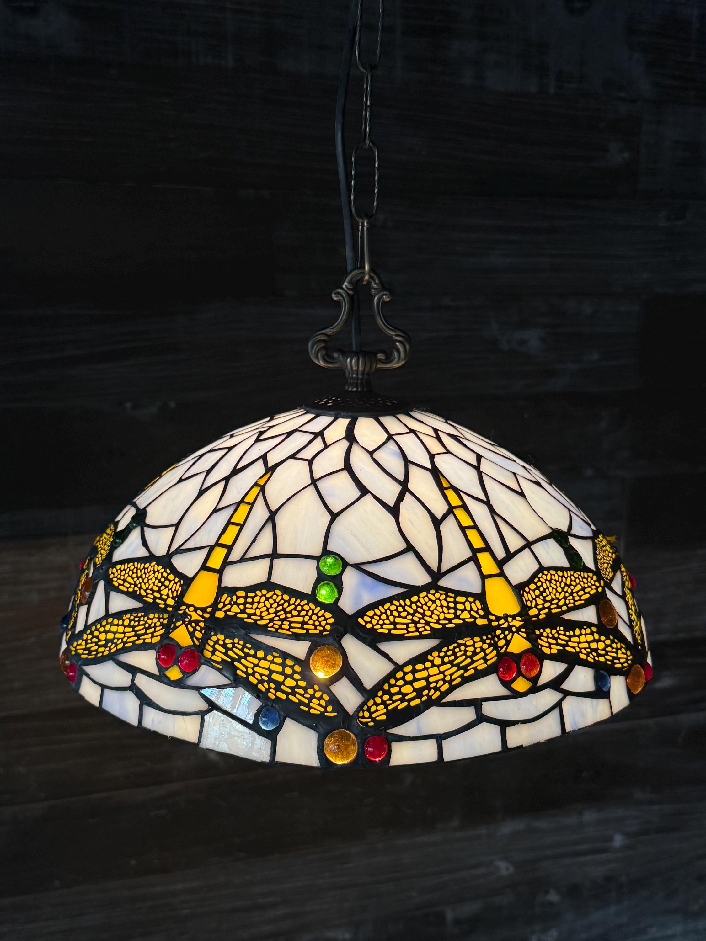 Scarlett Tiffany Dragonfly Stained Glass Pendant Lamp 14in Multicolor