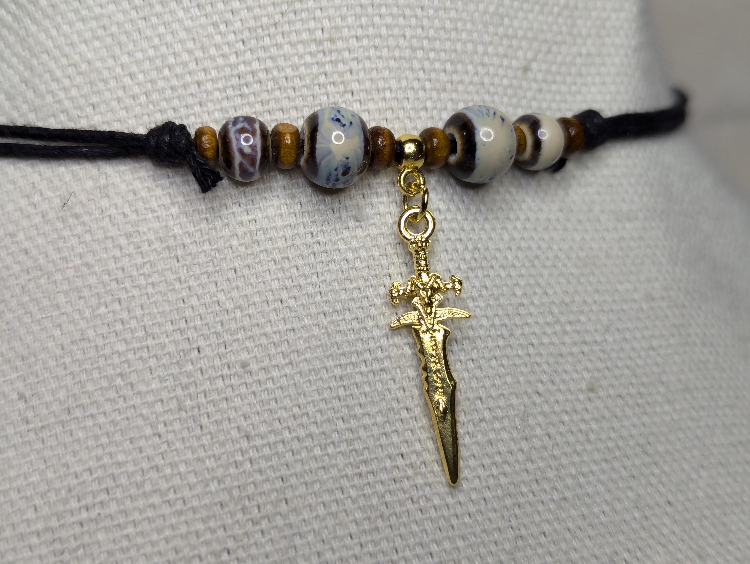 NoctemPottery Ceramic Beaded Sword Charm Pendant Necklace Adjustable Cord