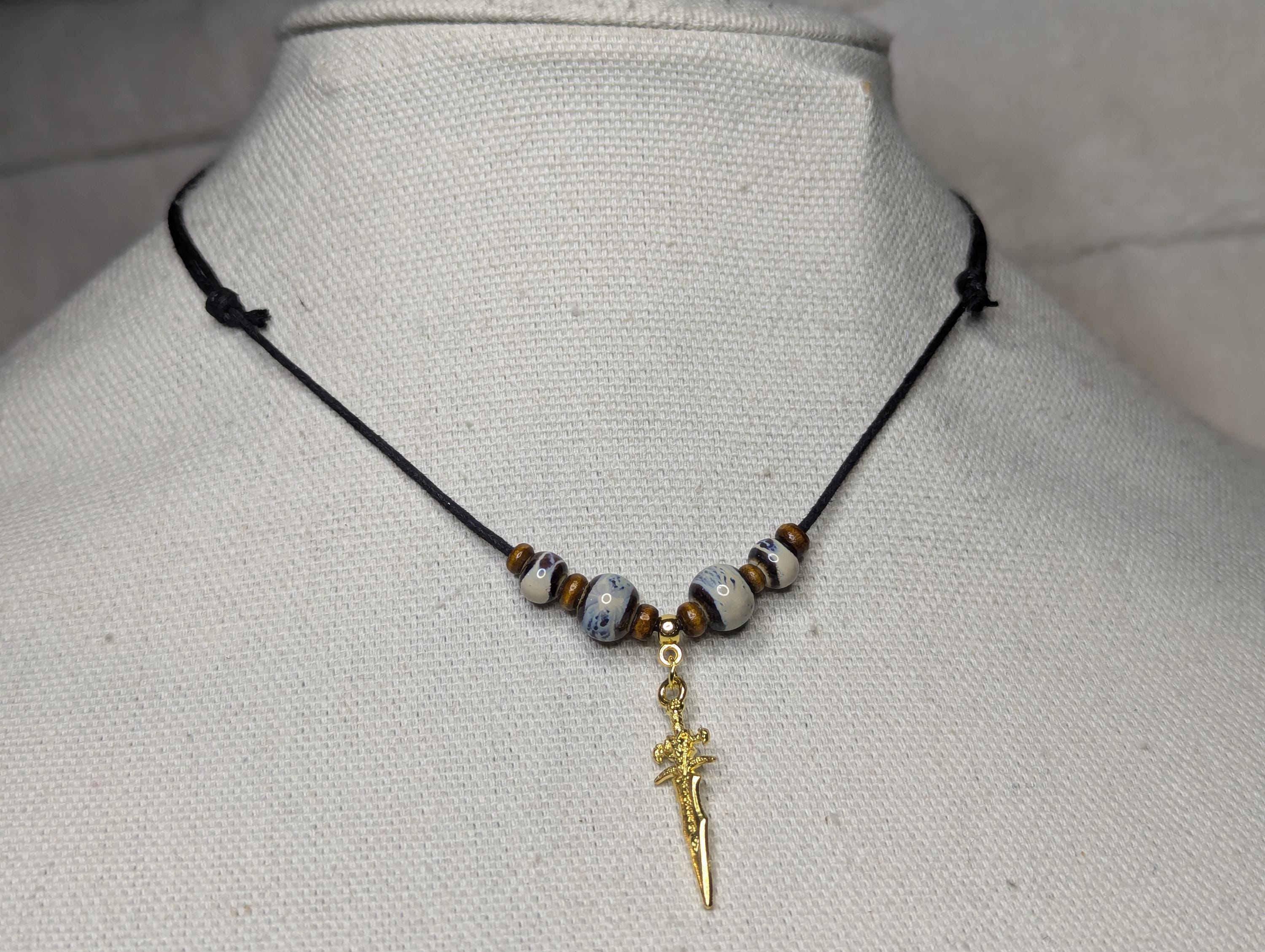 NoctemPottery Ceramic Beaded Sword Charm Pendant Necklace Adjustable Cord