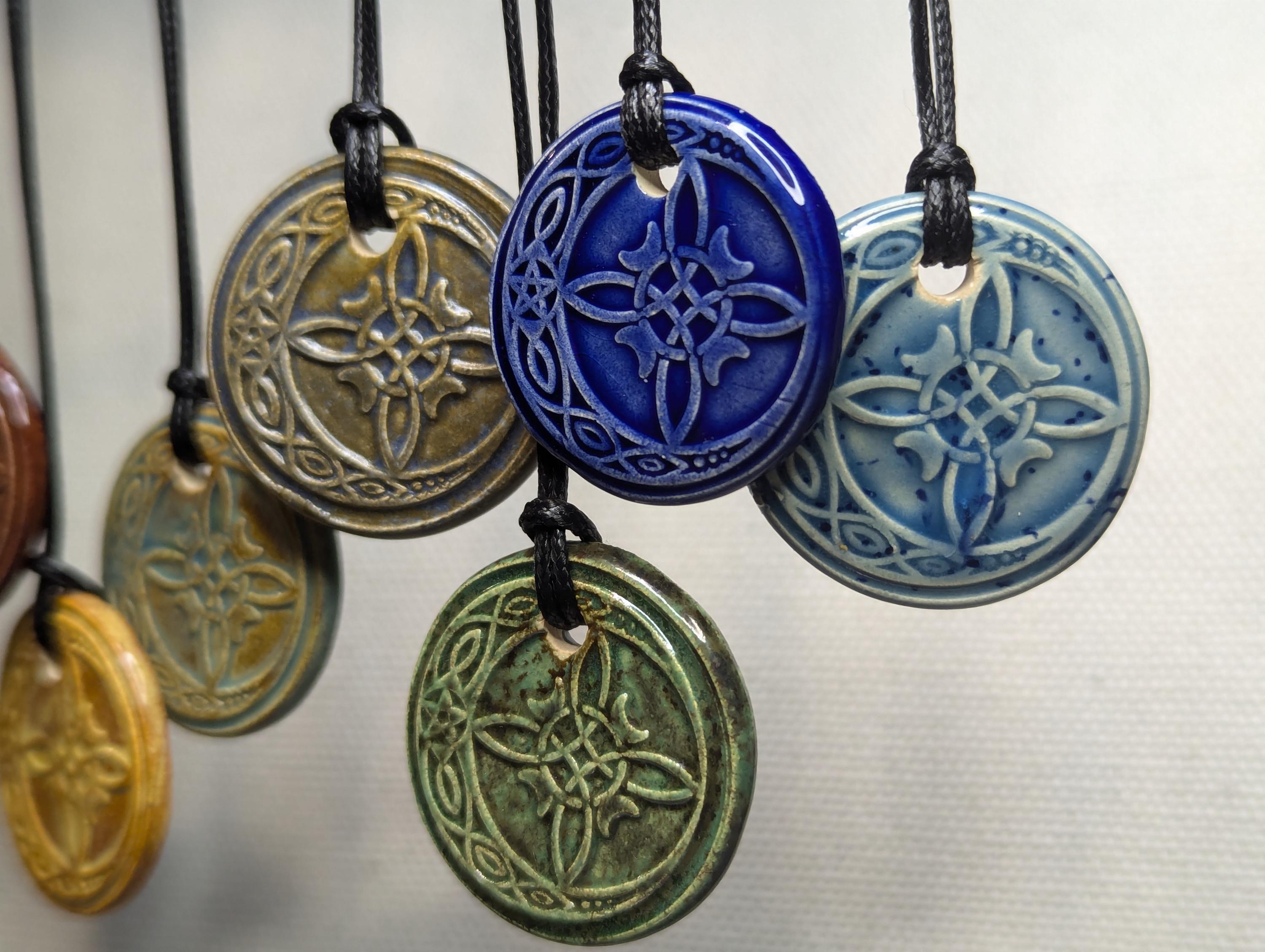 NoctemPottery Celtic Crescent Moon Pentagram Filigree Ceramic Wax Seal Pendant Choker Necklace