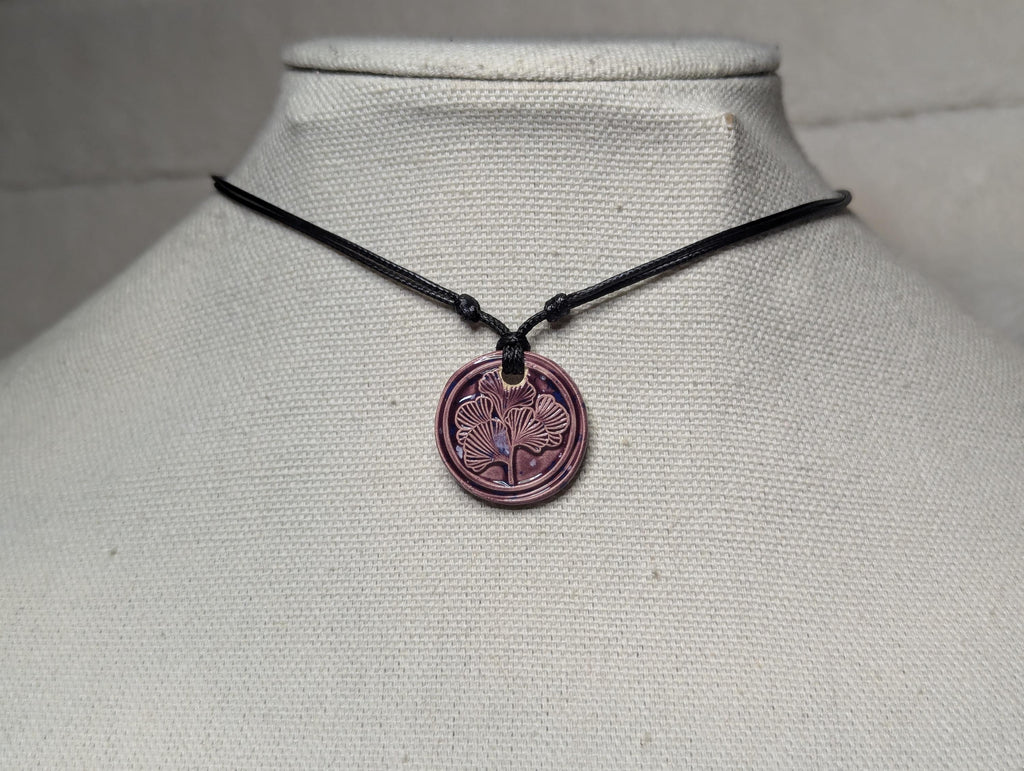 NoctemPottery Ginkgo Leaf Botanical Ceramic Pendant Necklace Adjustable Black Cord