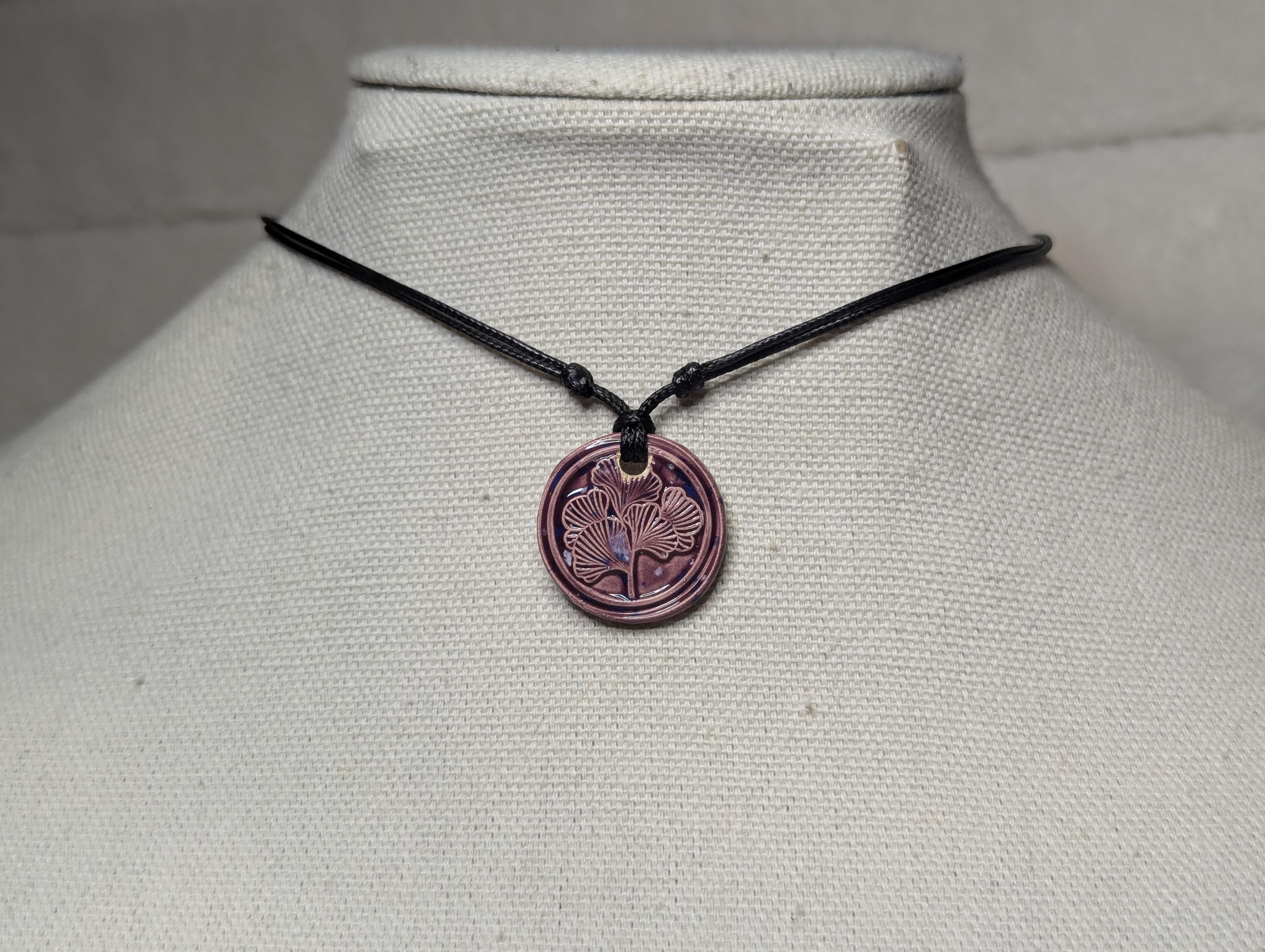 NoctemPottery Ginkgo Leaf Botanical Ceramic Pendant Necklace Adjustable Black Cord