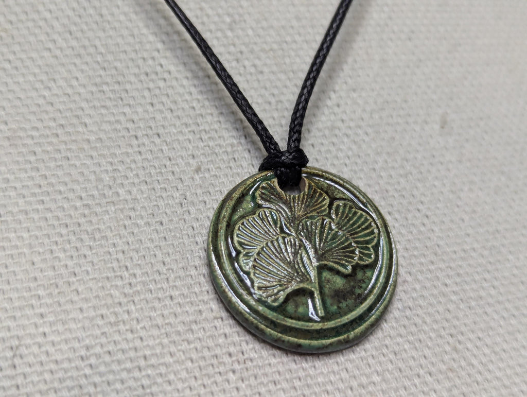 NoctemPottery Ginkgo Leaf Botanical Ceramic Pendant Necklace Adjustable Black Cord