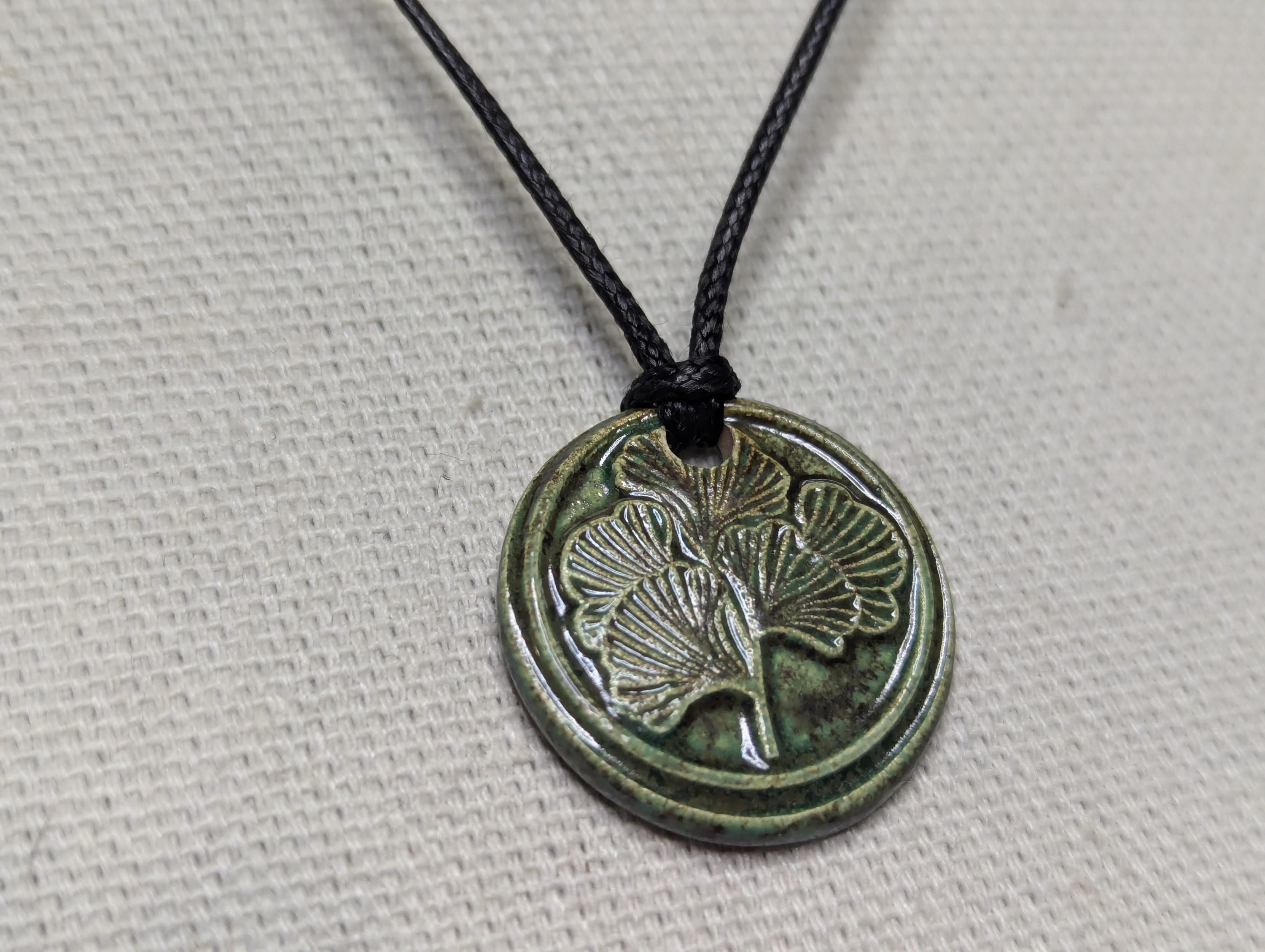 NoctemPottery Ginkgo Leaf Botanical Ceramic Pendant Necklace Adjustable Black Cord