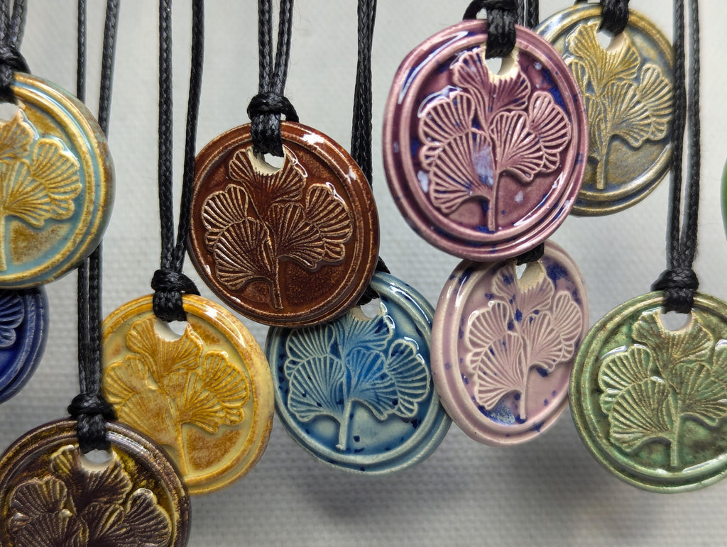 NoctemPottery Ginkgo Leaf Botanical Ceramic Pendant Necklace Adjustable Black Cord