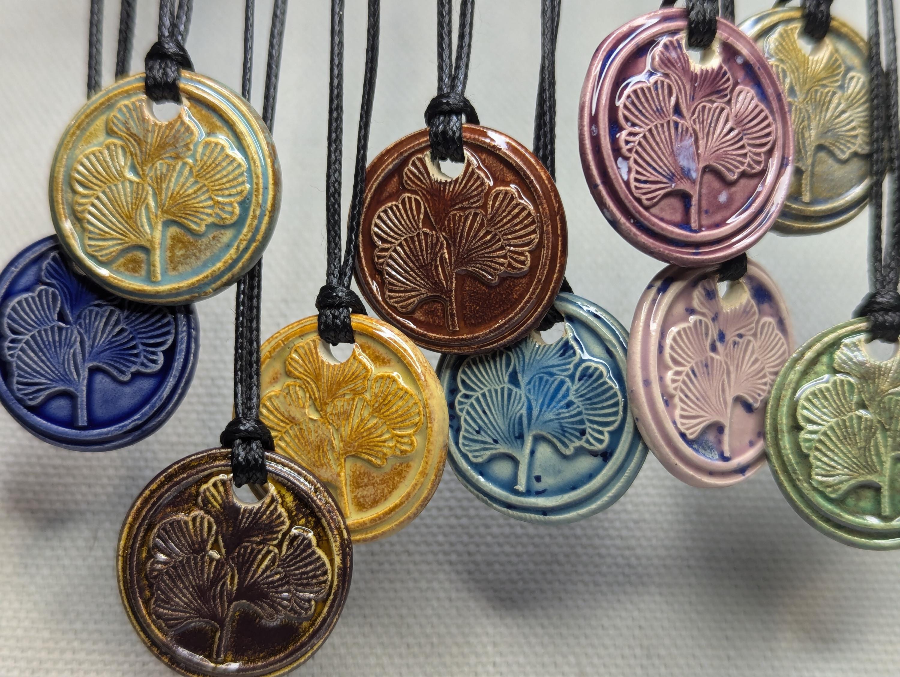 NoctemPottery Ginkgo Leaf Botanical Ceramic Pendant Necklace Adjustable Black Cord