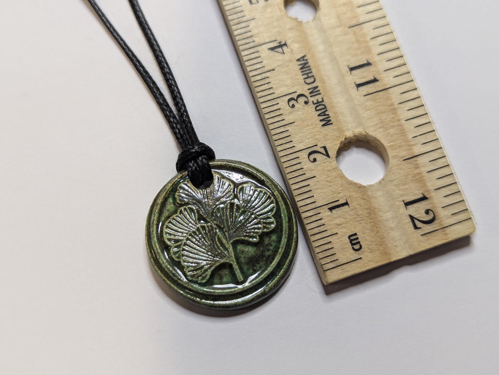 NoctemPottery Ginkgo Leaf Botanical Ceramic Pendant Necklace Adjustable Black Cord