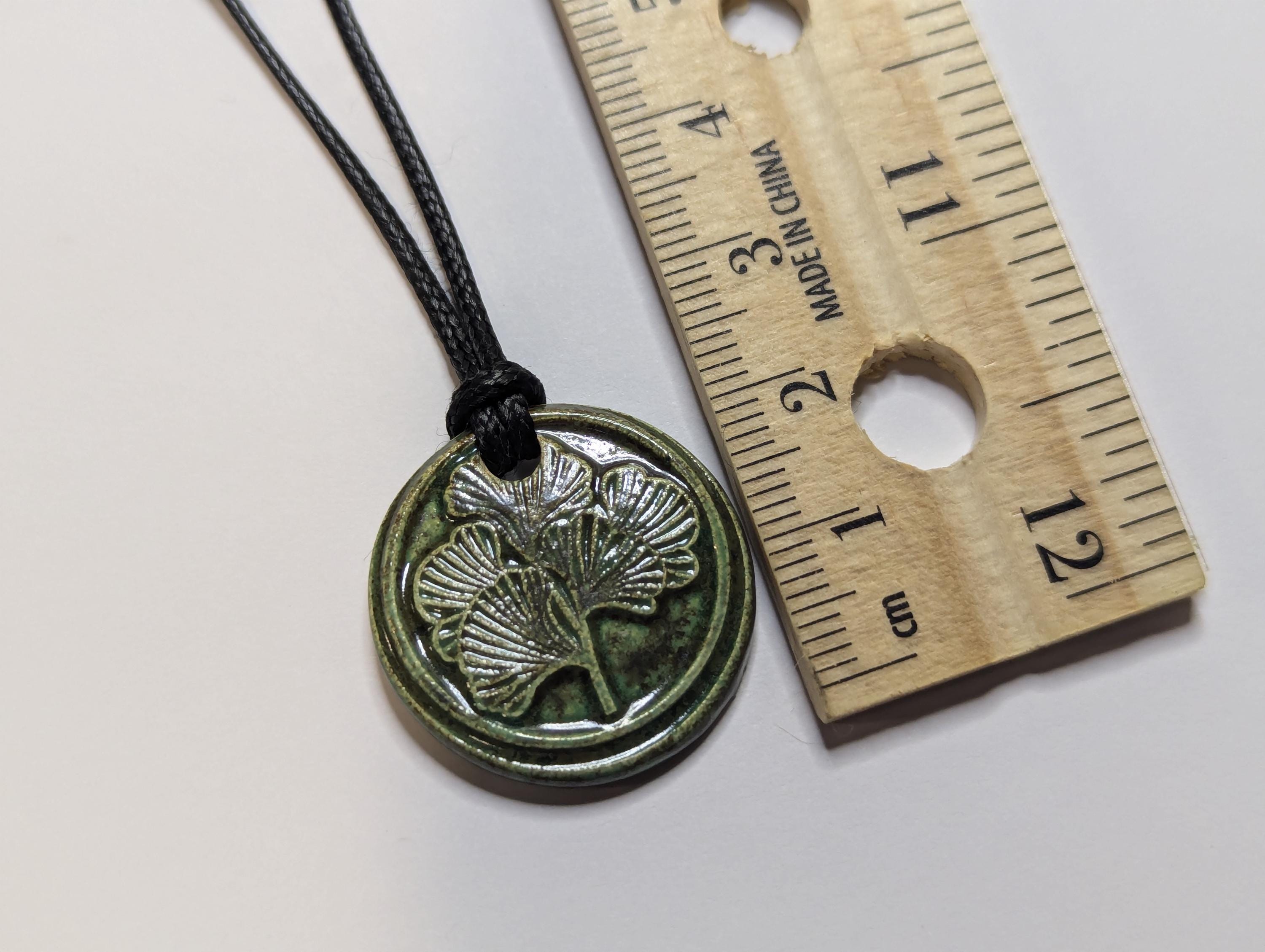 NoctemPottery Ginkgo Leaf Botanical Ceramic Pendant Necklace Adjustable Black Cord