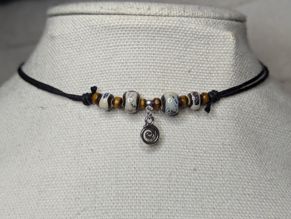 Tiny Spiral Swirl Charm Ceramic Beaded Choker Necklace