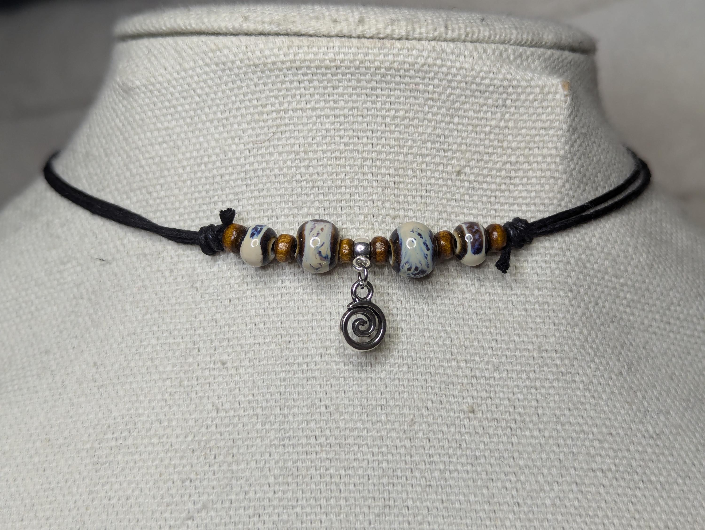 Tiny Spiral Swirl Charm Ceramic Beaded Choker Necklace