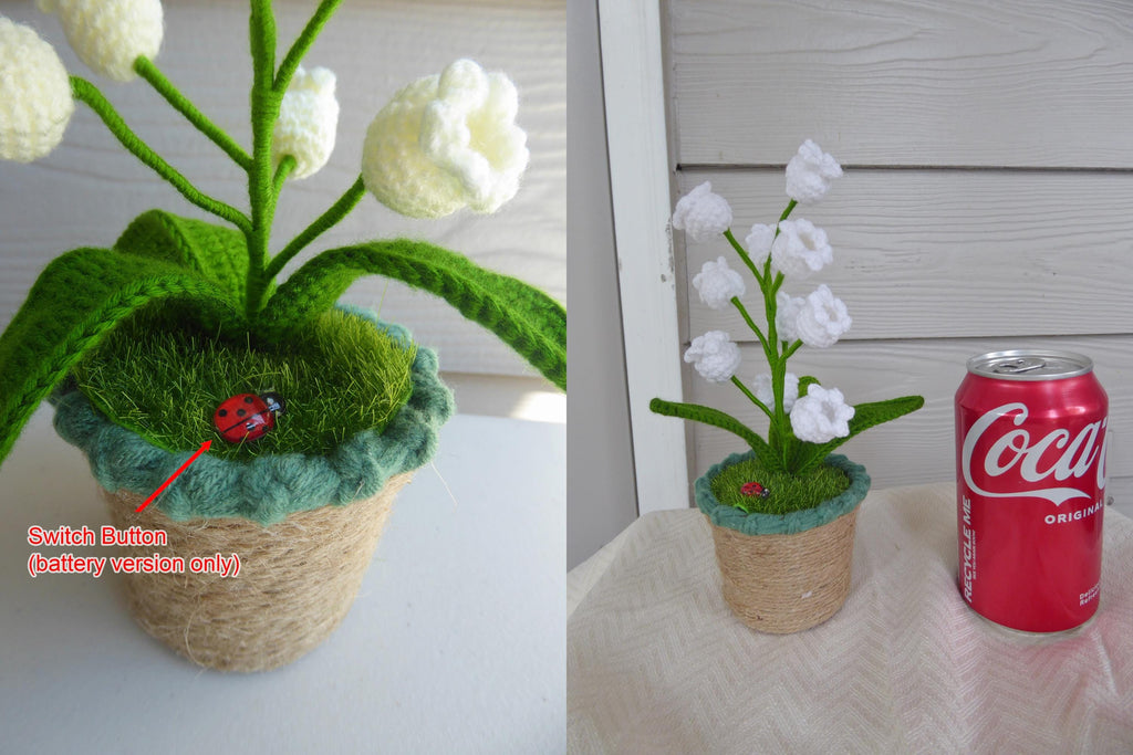 CrochetRecipe Handmade Lily of the Valley Potted Plant LED Lamp 8in White