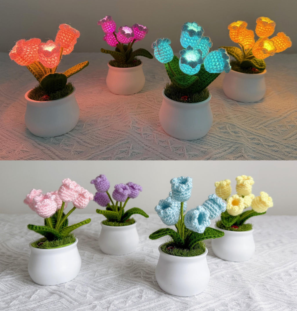 CrochetRecipe Handmade Tulip Mini Potted Plant Light Lamp 8in Pink