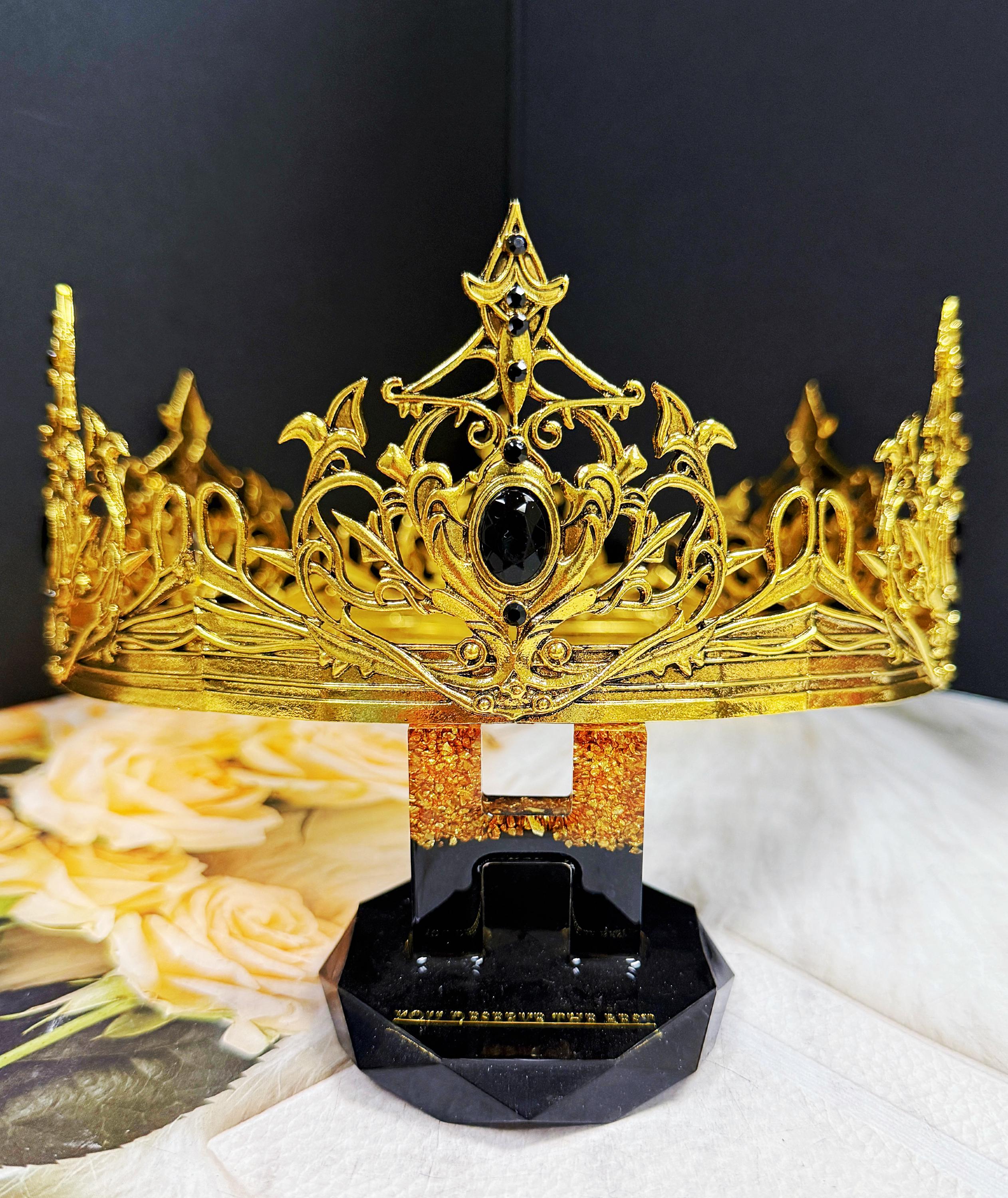 HappyJewelryWorld Renaissance Gold Crown Black Rhinestone Theatrical Prop