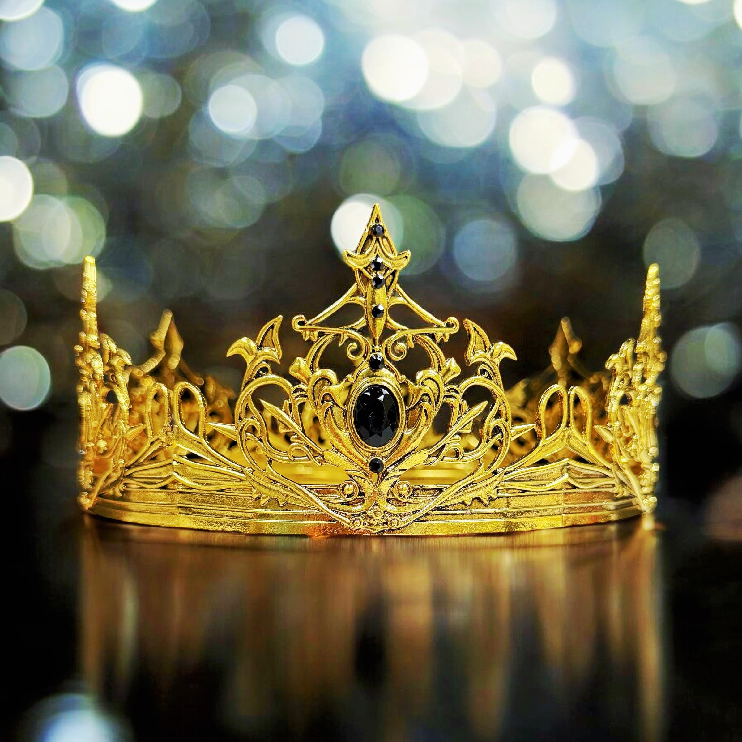 HappyJewelryWorld Renaissance Gold Crown Black Rhinestone Theatrical Prop