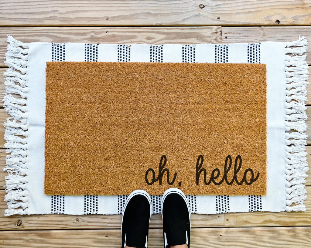 HamlinRowShop Oh Hello Coir Doormat Scrolling Cursive Welcome Mat