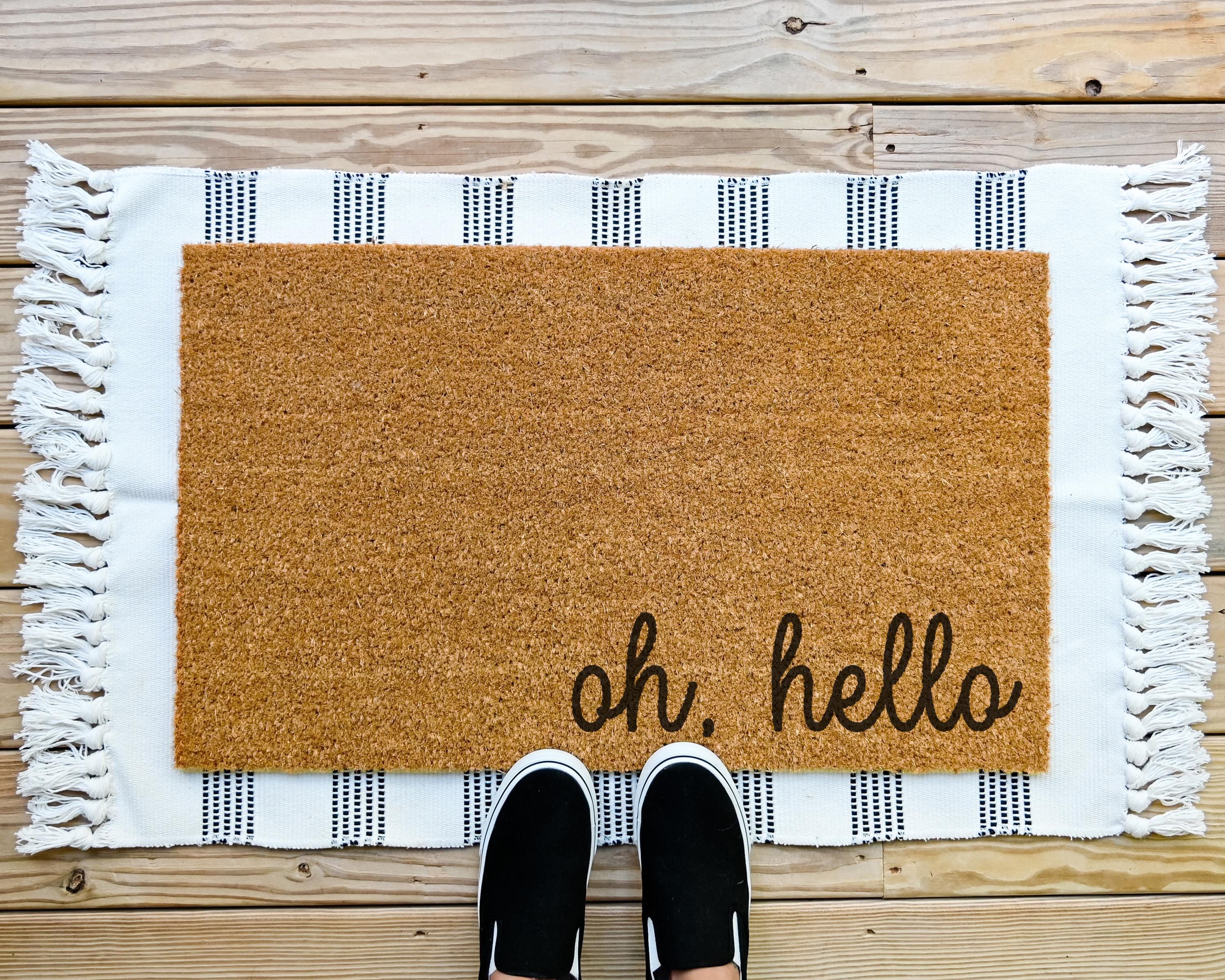 HamlinRowShop Oh Hello Coir Doormat Scrolling Cursive Welcome Mat