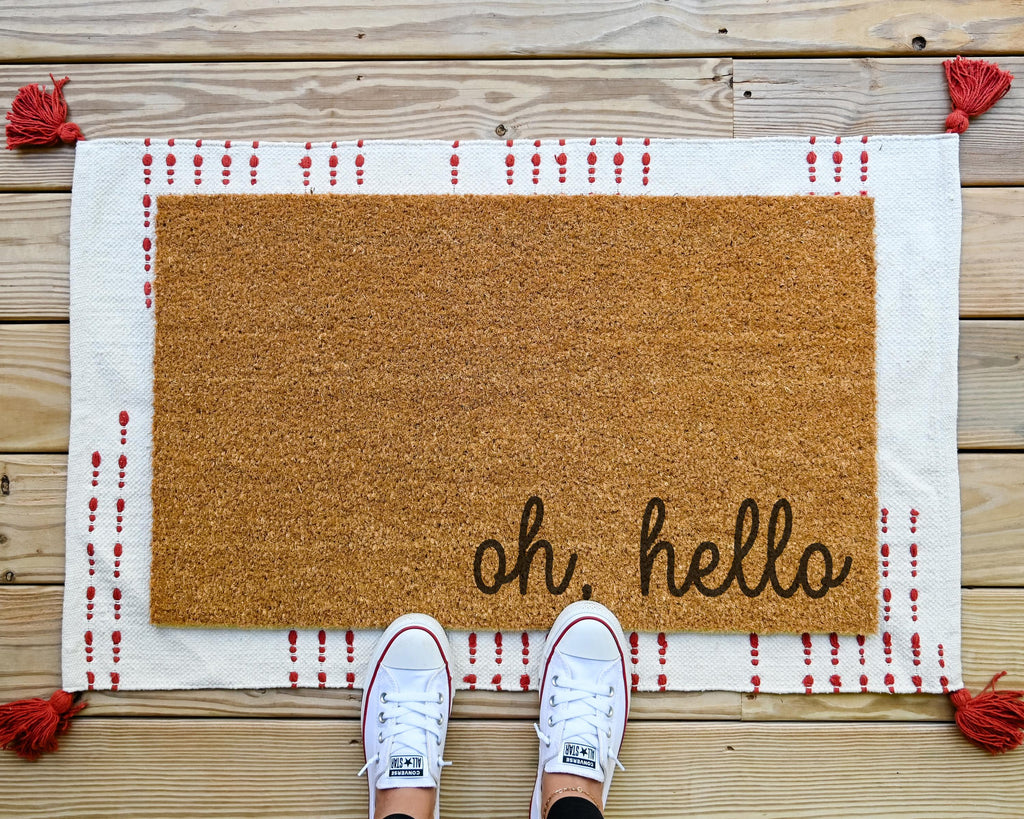 HamlinRowShop Oh Hello Coir Doormat Scrolling Cursive Welcome Mat