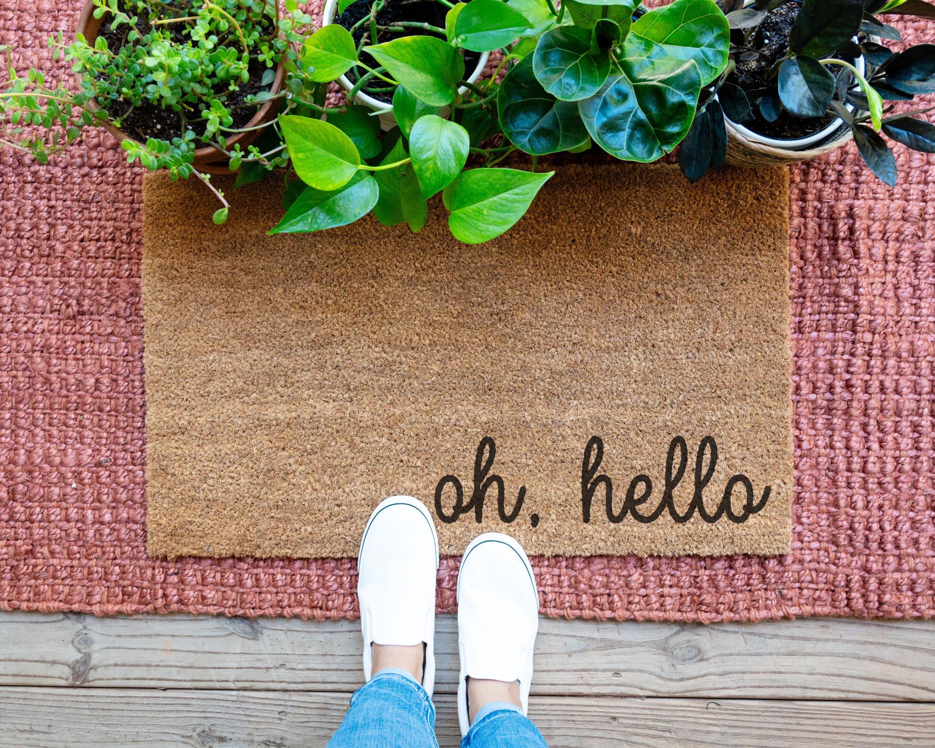 HamlinRowShop Oh Hello Coir Doormat Scrolling Cursive Welcome Mat