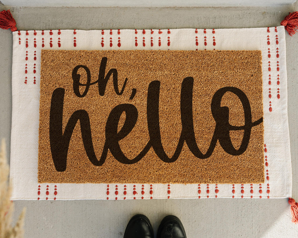HamlinRowShop Oh Hello Coir Doormat Natural Cursive Script
