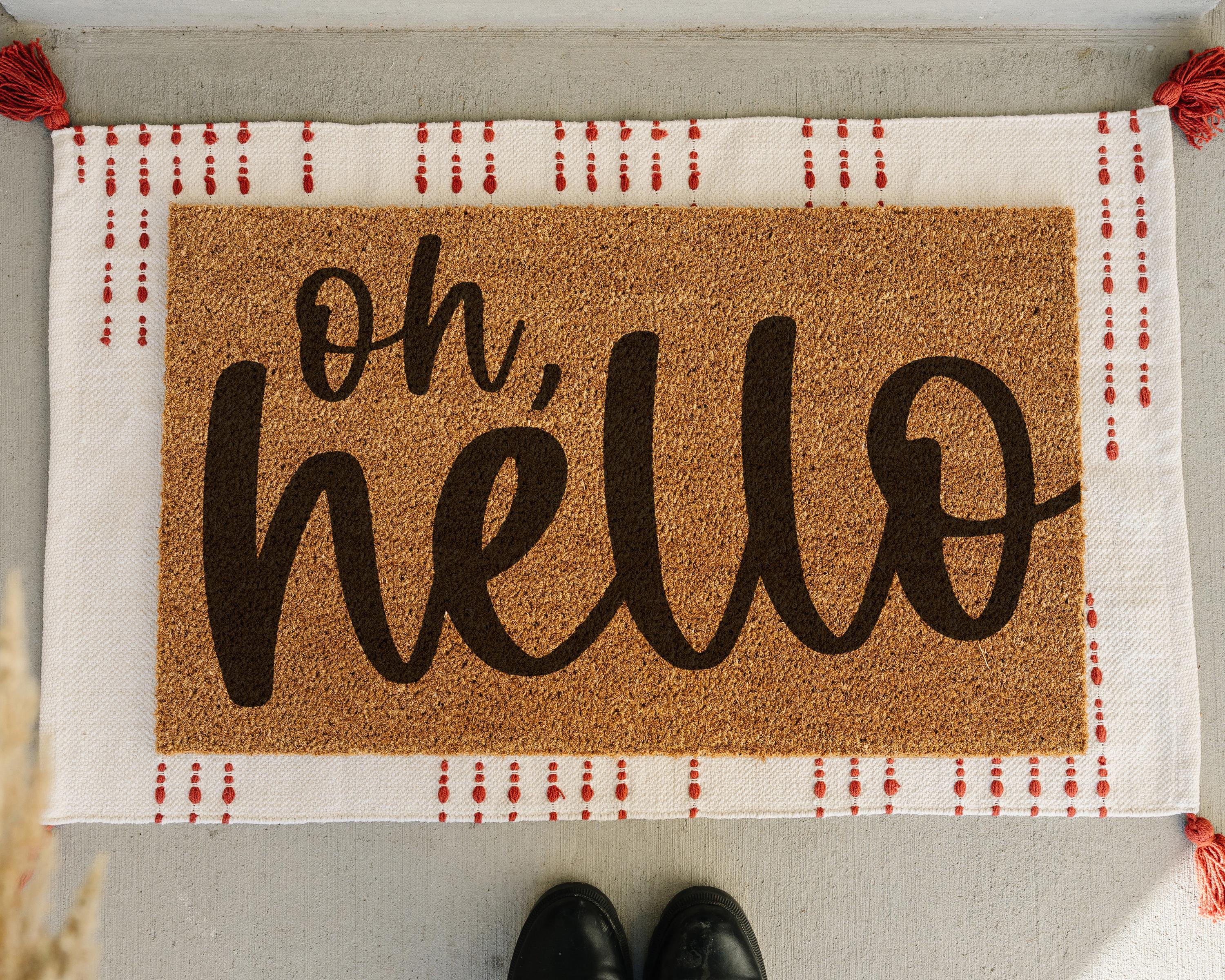 HamlinRowShop Oh Hello Coir Doormat Natural Cursive Script