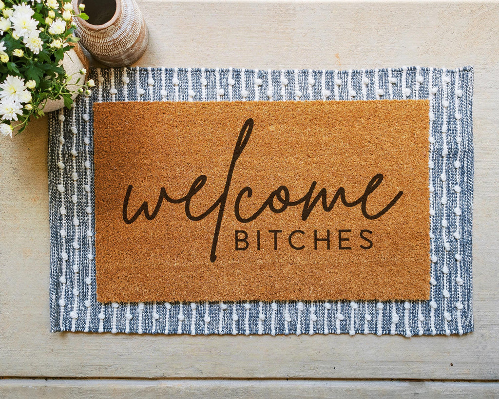 HamlinRowShop Welcome Bitches Coir Doormat Natural 18x30in