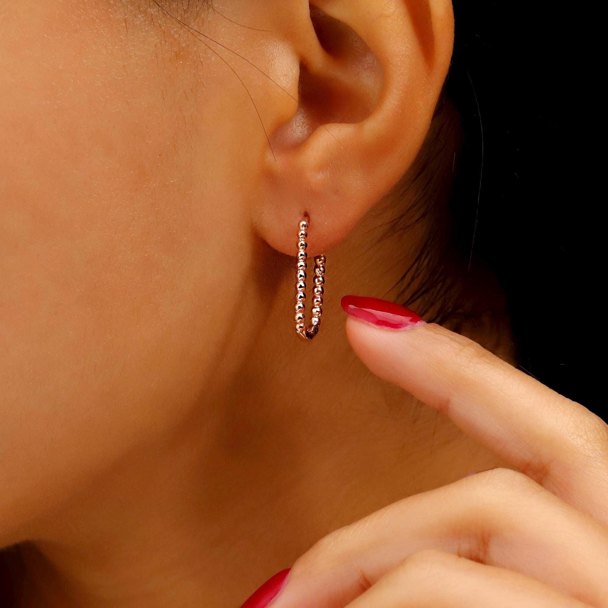 SilverGoldandRose Beaded Ball Rectangle Huggie Hoop Earrings
