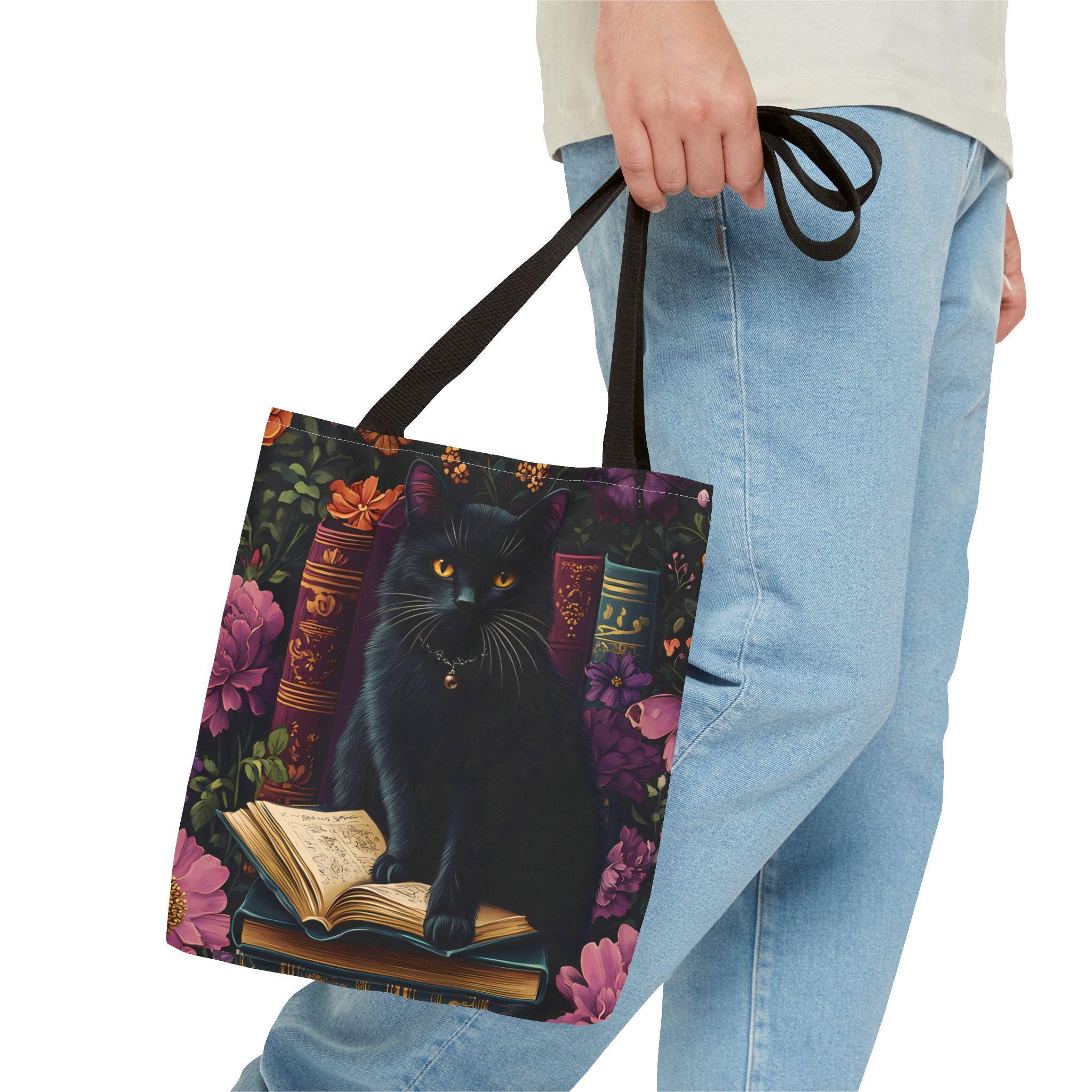 Floral Black Cat Book Tote: Bookish Cat Lover Gift Mom Bookworm Boho Bag