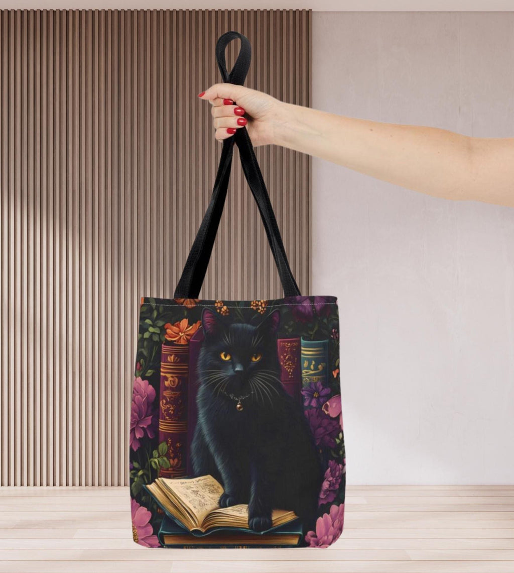 Floral Black Cat Book Tote: Bookish Cat Lover Gift Mom Bookworm Boho Bag