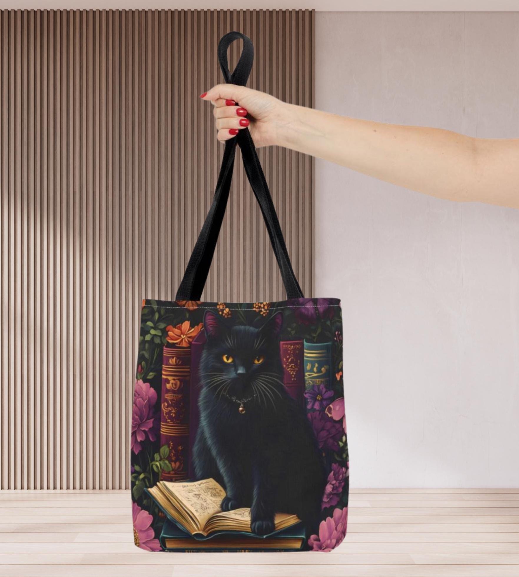 Floral Black Cat Book Tote: Bookish Cat Lover Gift Mom Bookworm Boho Bag