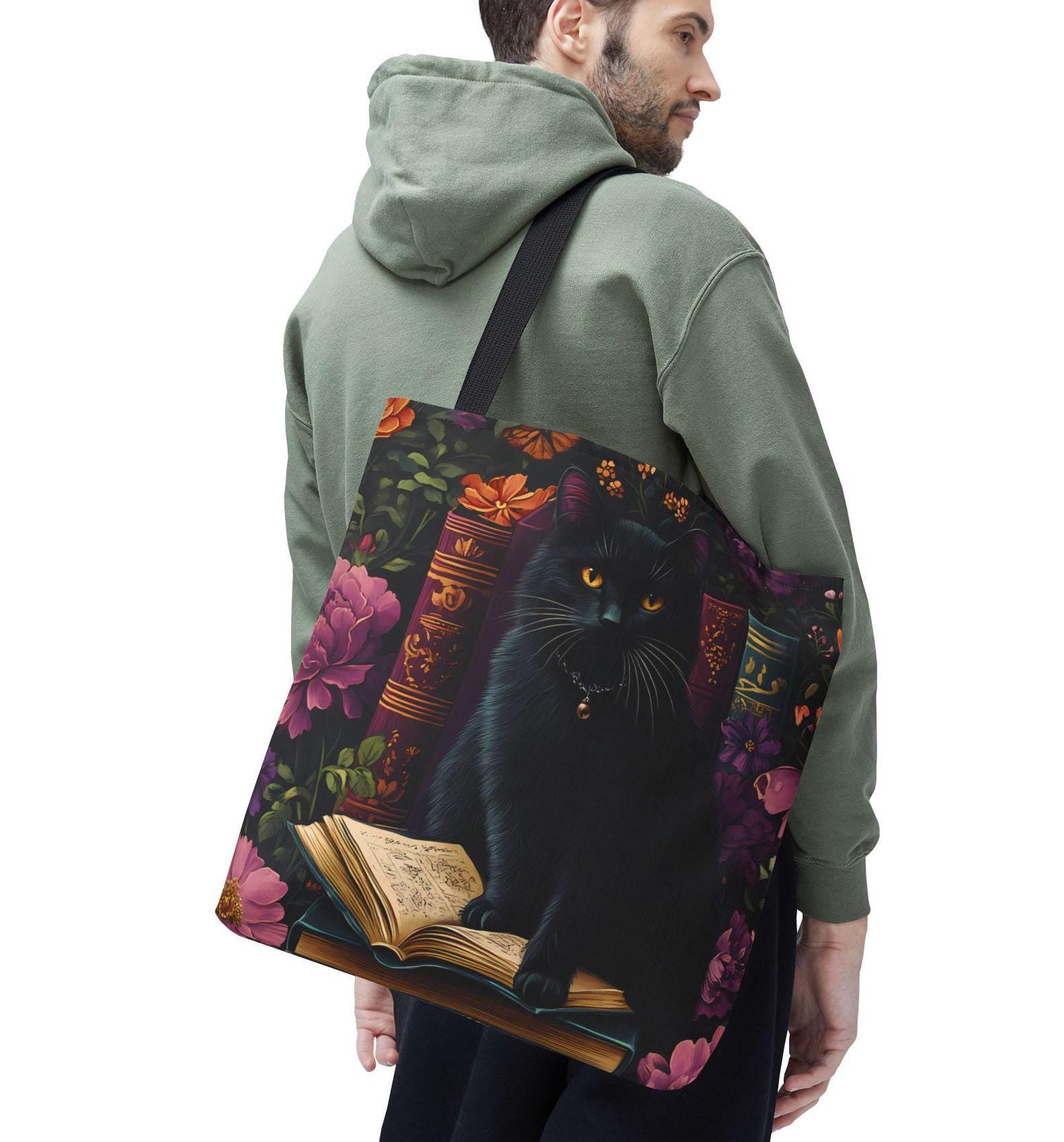 Floral Black Cat Book Tote: Bookish Cat Lover Gift Mom Bookworm Boho Bag