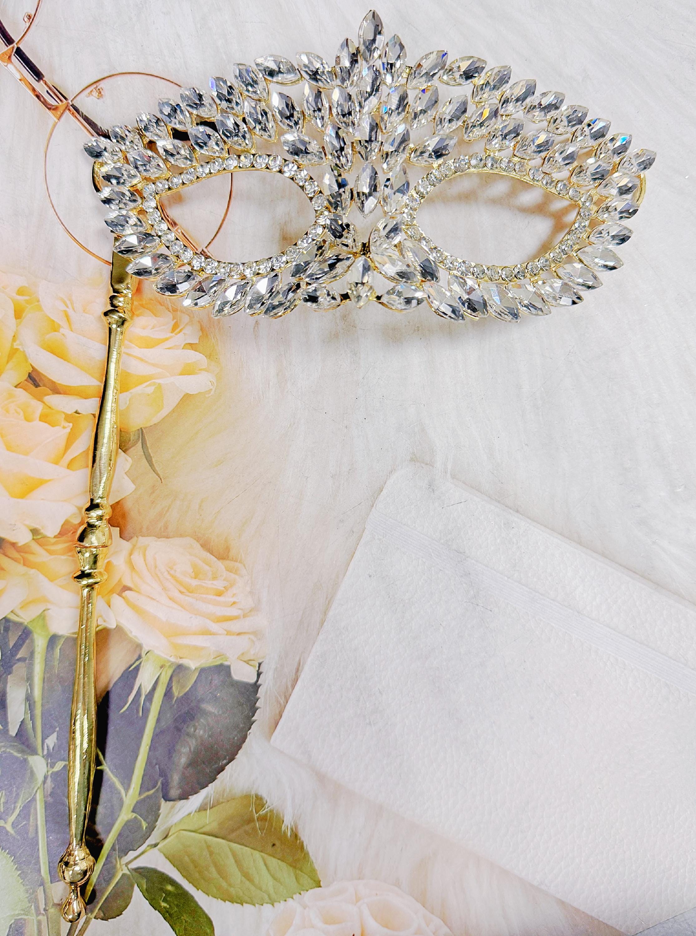 HappyJewelryWorld Crystal Masquerade Mask on Stick Gold Venetian Ball Mask