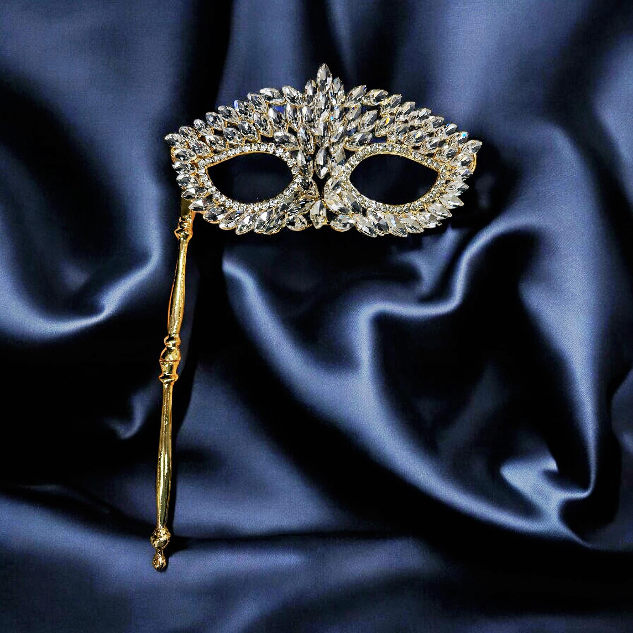 HappyJewelryWorld Crystal Masquerade Mask on Stick Gold Venetian Ball Mask
