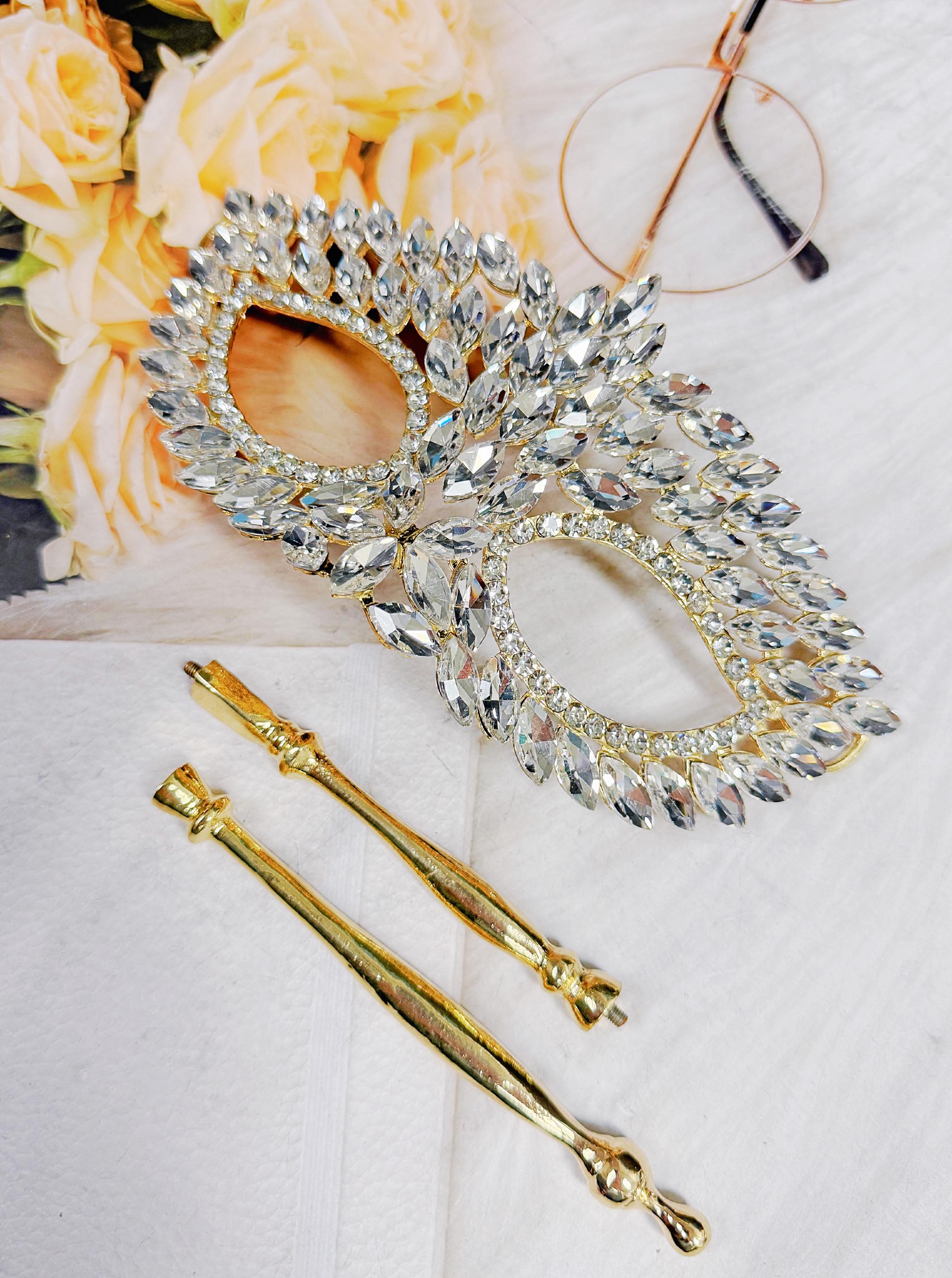 HappyJewelryWorld Crystal Masquerade Mask on Stick Gold Venetian Ball Mask