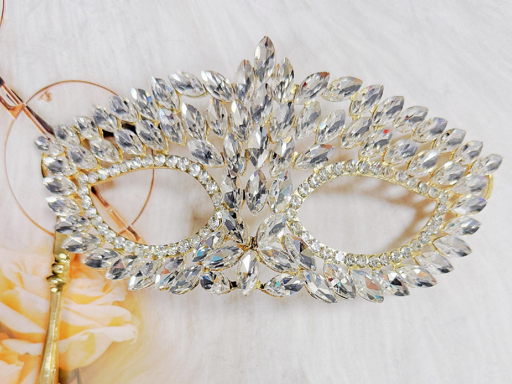 HappyJewelryWorld Crystal Masquerade Mask on Stick Gold Venetian Ball Mask