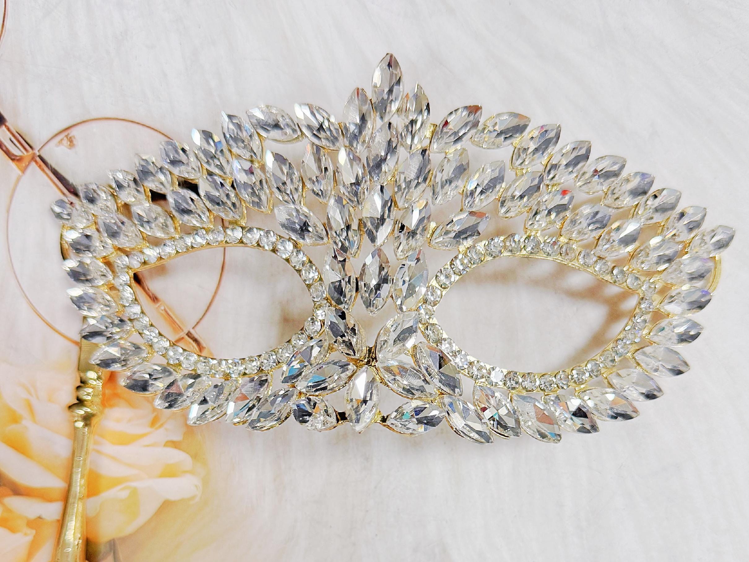 HappyJewelryWorld Crystal Masquerade Mask on Stick Gold Venetian Ball Mask