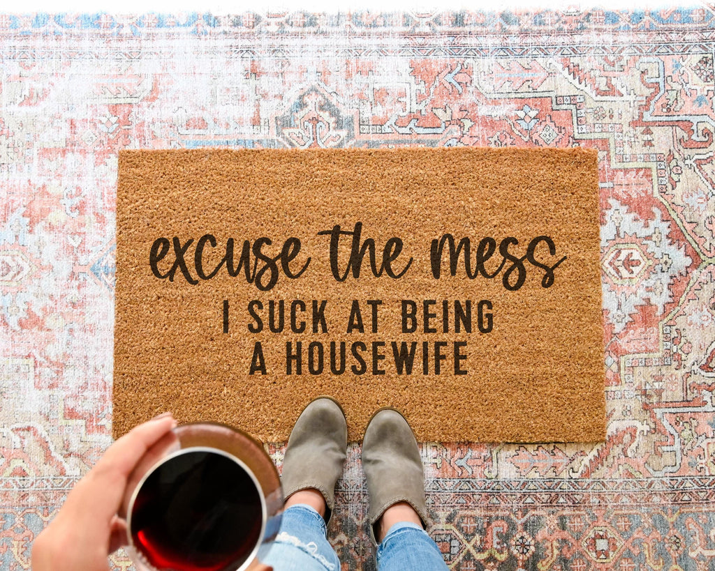 HamlinRowShop Excuse the Mess Funny Coir Doormat Natural Fiber