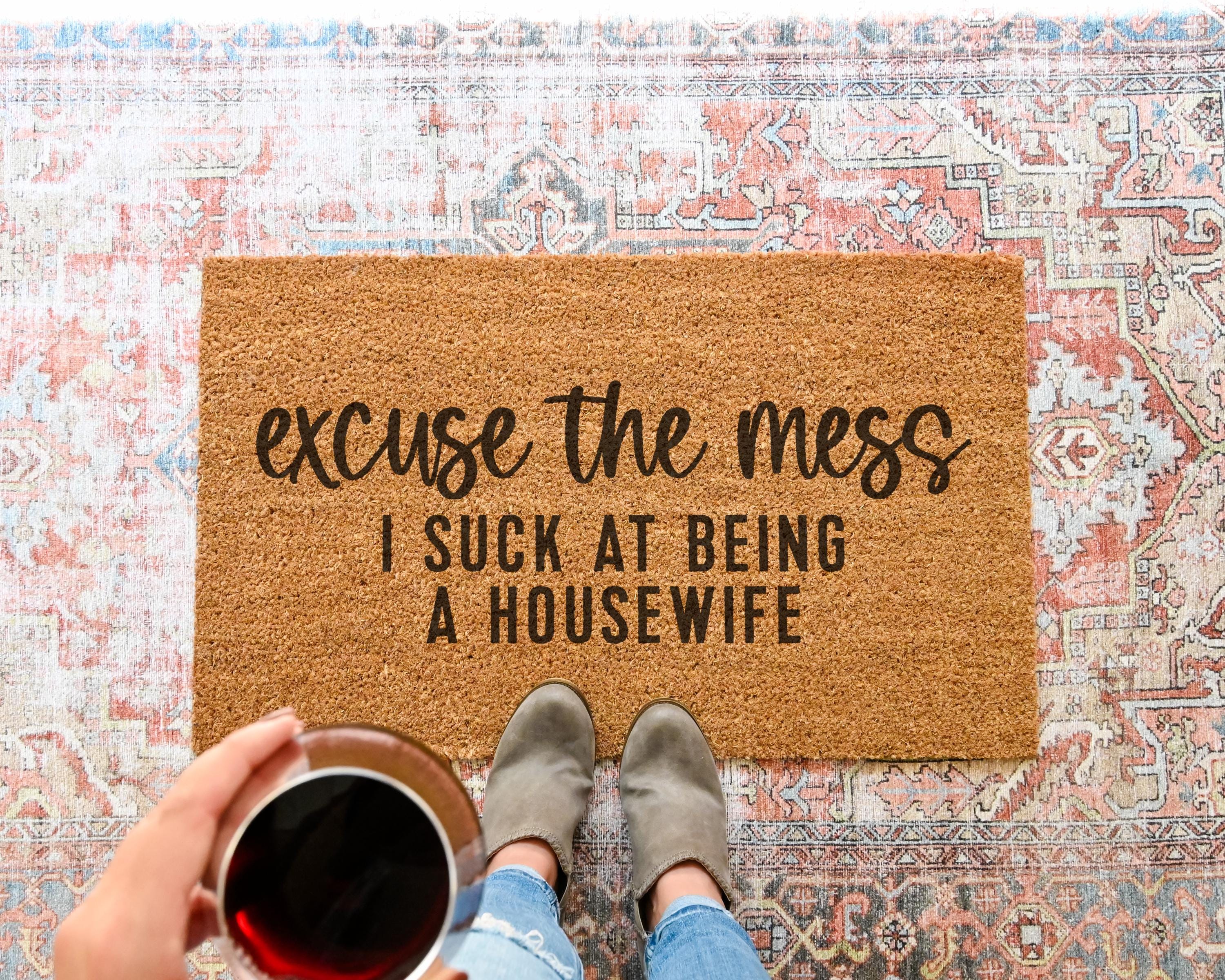 HamlinRowShop Excuse the Mess Funny Coir Doormat Natural Fiber