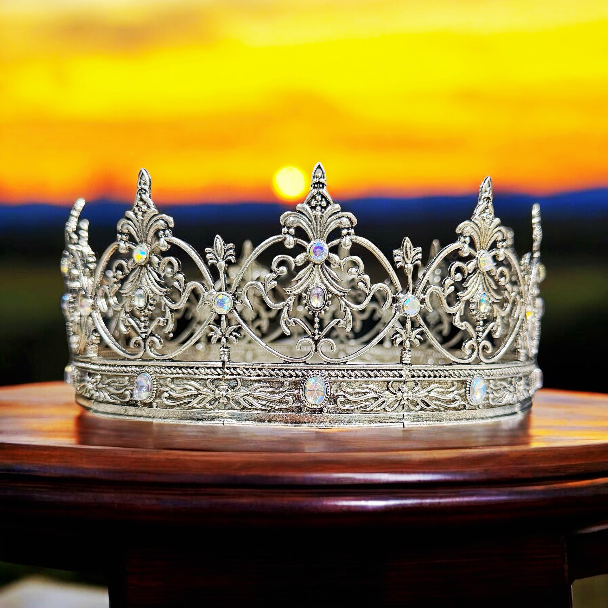 HappyJewelryWorld Vintage Silver Crown Iridescent Crystal Rhinestone XL