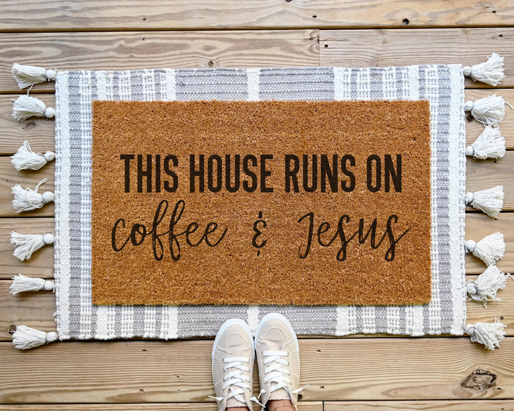 HamlinRowShop Coffee & Jesus Funny Customizable Coir Doormat
