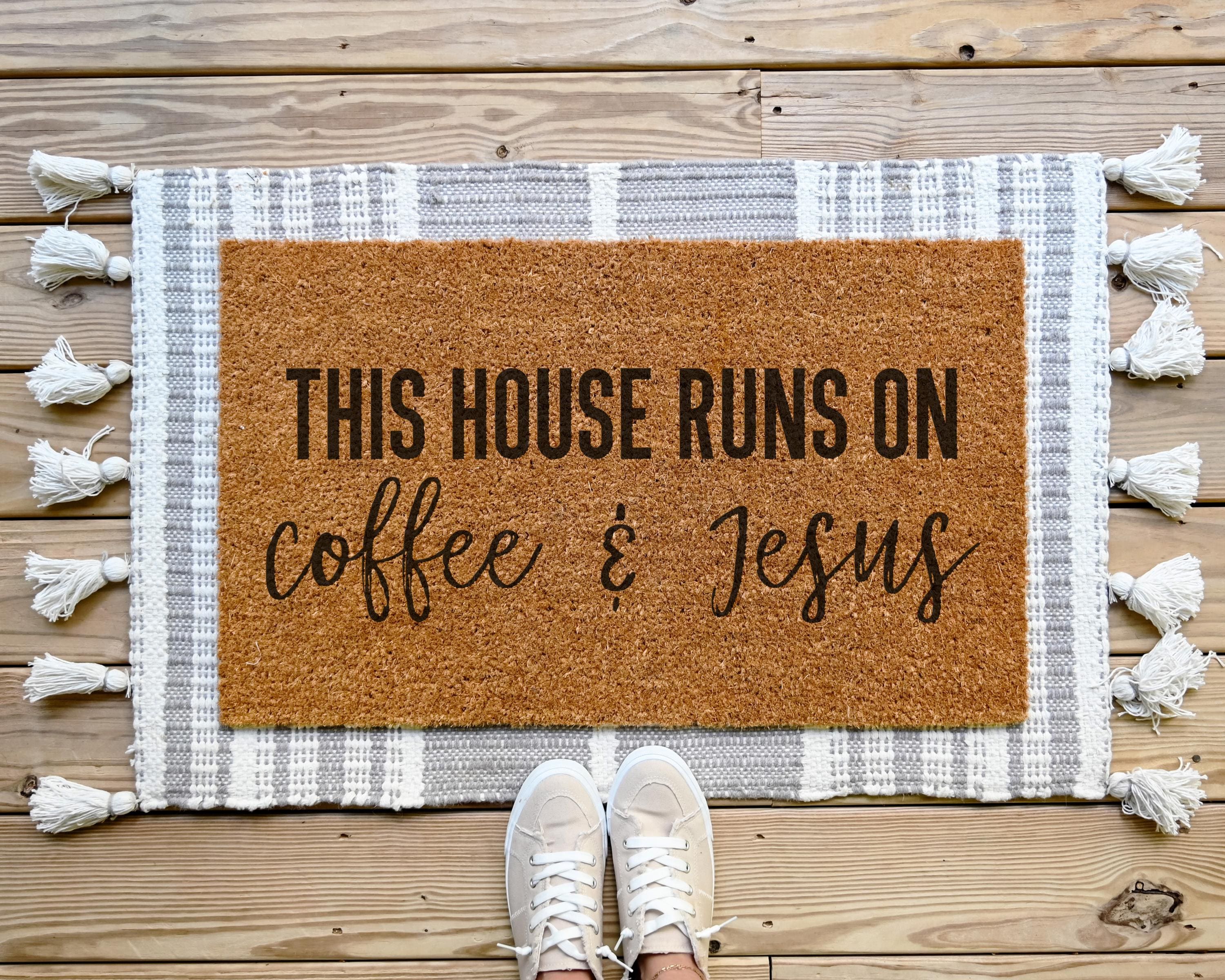 HamlinRowShop Coffee & Jesus Funny Customizable Coir Doormat