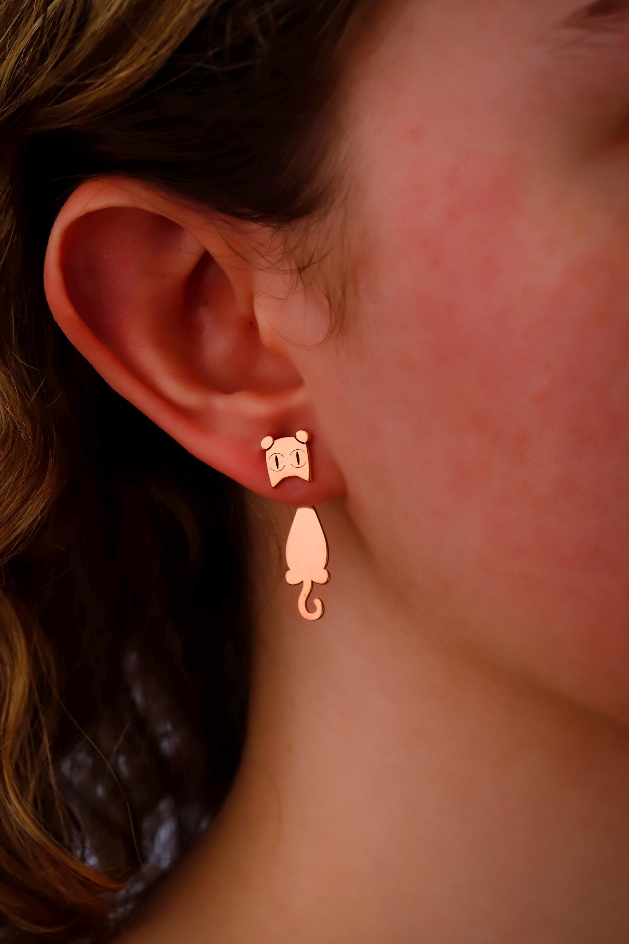 Sterling Silver Cat Ear Jacket Earrings: Pet Lover Gift