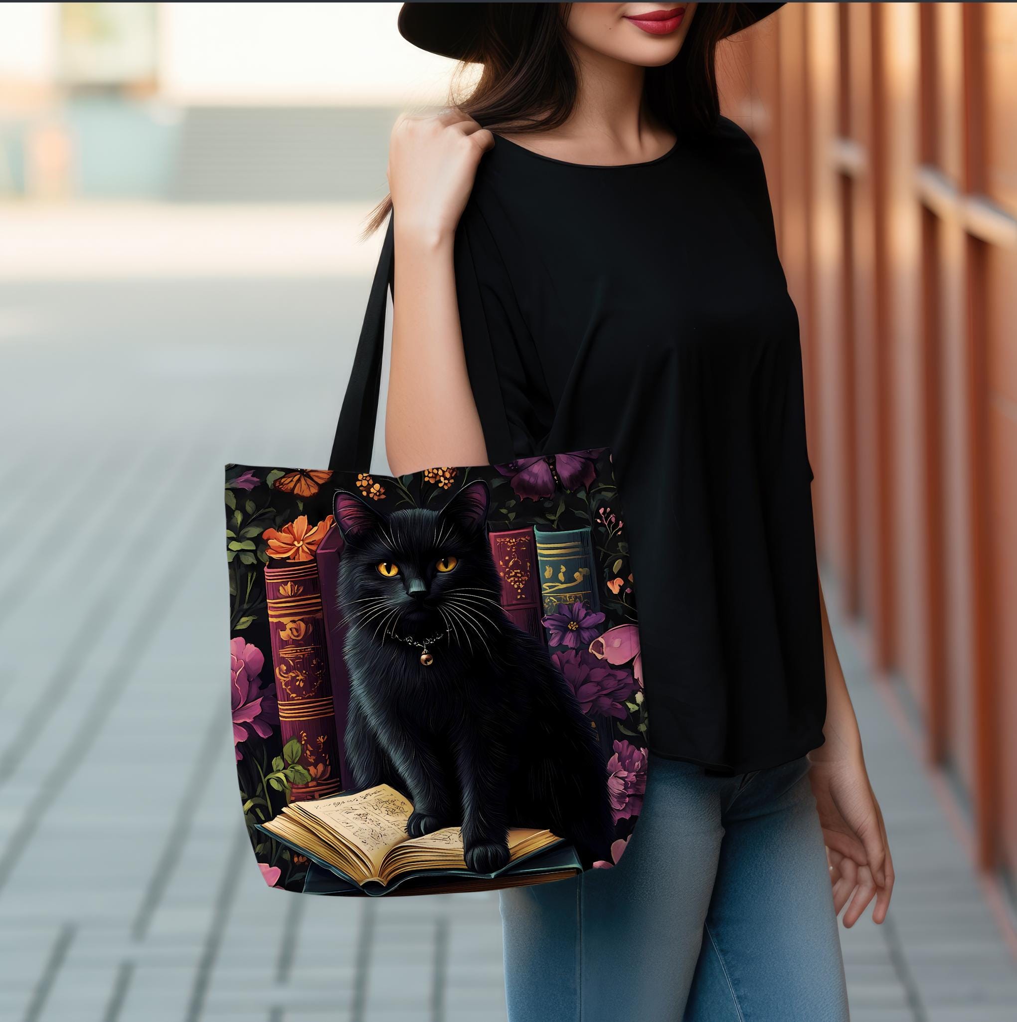 Floral Black Cat Book Tote: Bookish Cat Lover Gift Mom Bookworm Boho Bag