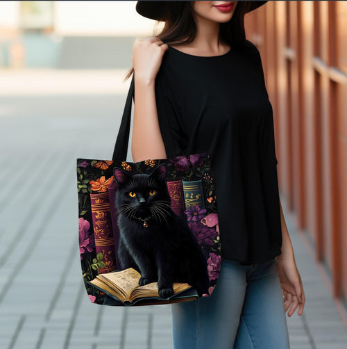 Floral Black Cat Book Tote: Bookish Cat Lover Gift Mom Bookworm Boho Bag