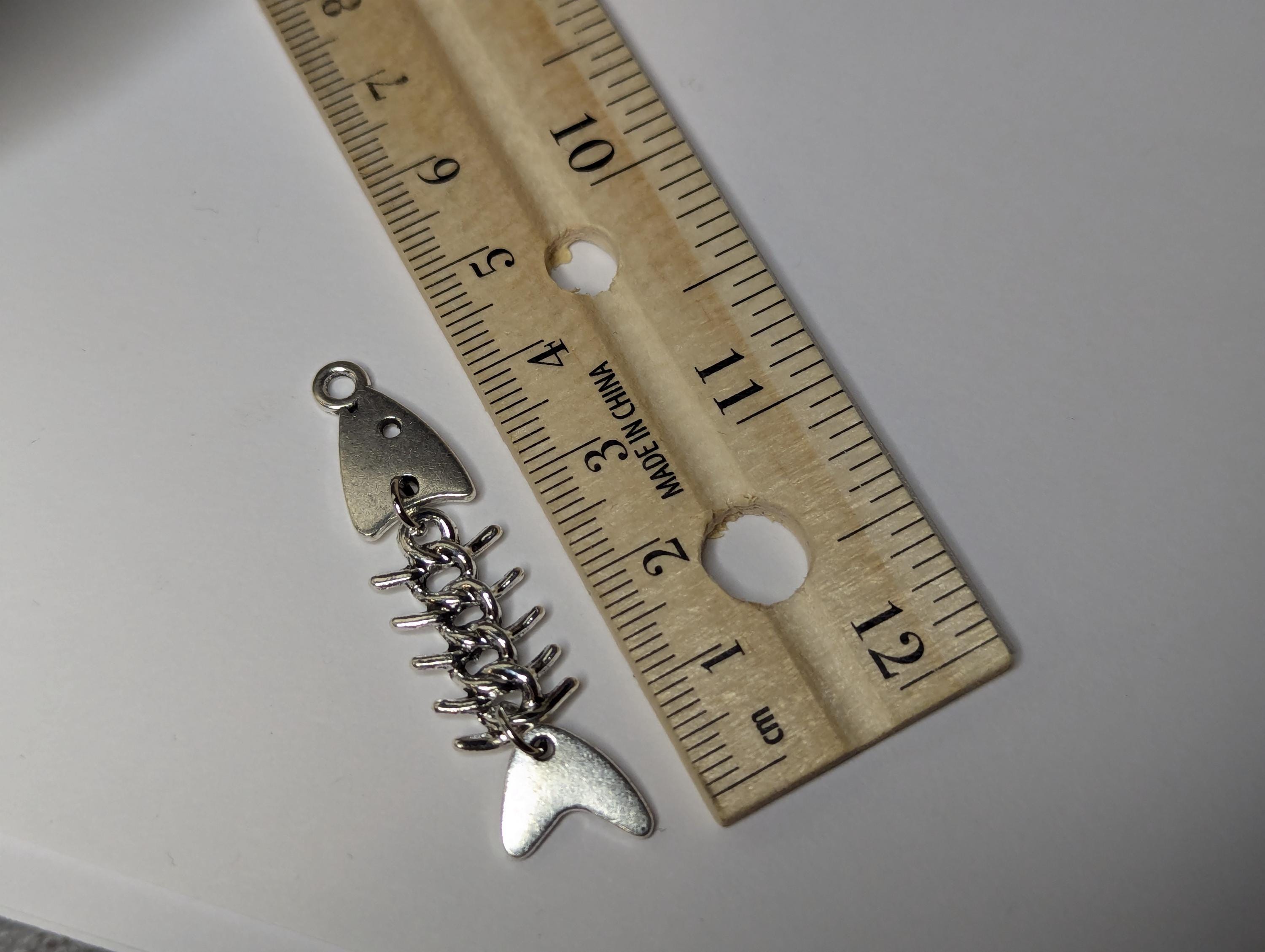 NoctemPottery Dangling Fish Skeleton Sardine Charm Ceramic Bead Pendant Necklace