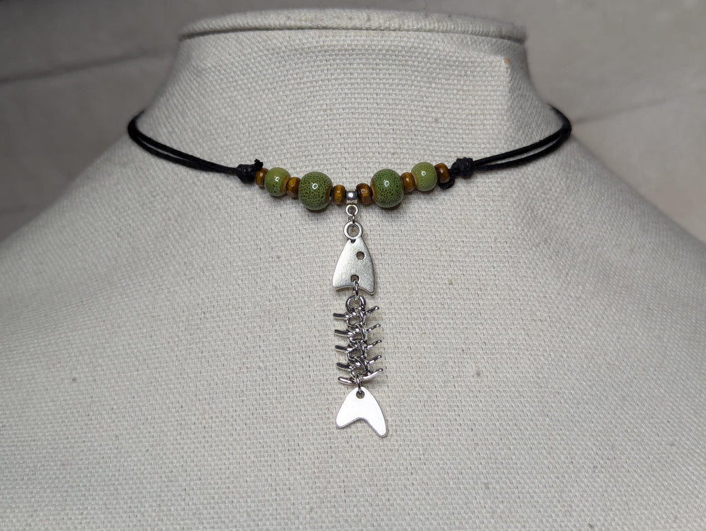 NoctemPottery Dangling Fish Skeleton Sardine Charm Ceramic Bead Pendant Necklace