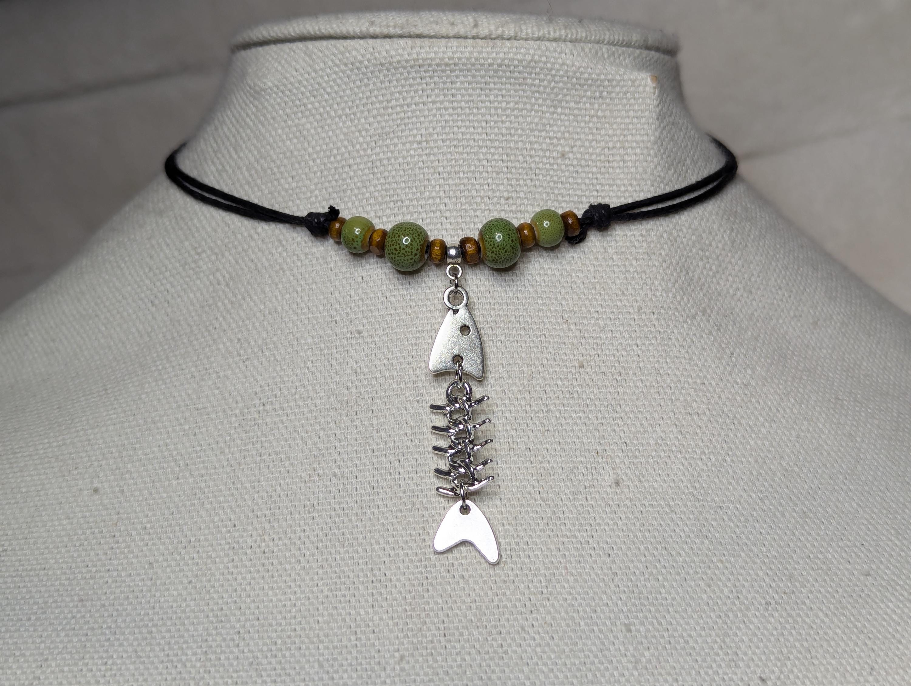 NoctemPottery Dangling Fish Skeleton Sardine Charm Ceramic Bead Pendant Necklace